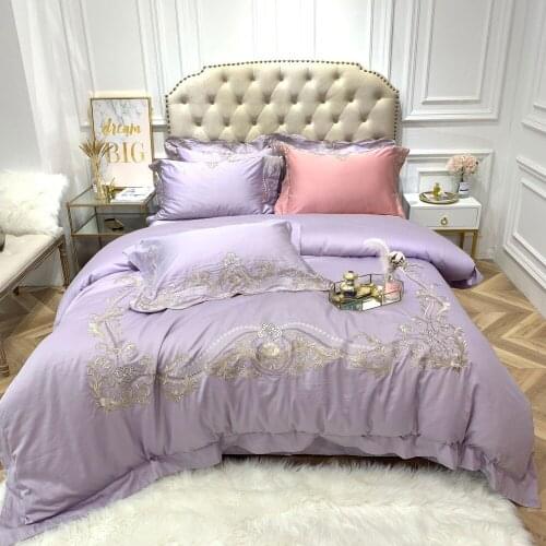 Luxury purple Embroidered 80S Egyptian cotton Royal Bedding sets Queen King Wedding Duvet cover Bed sheet set Pillowcases 4pcs