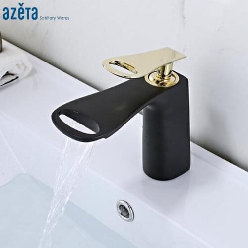 Azeta Basin Faucet Black Bathroom Faucet Single Handle Waterfall Basin Mixer Tap Bathroom Deck Mounted Sink Water Tap AT6706BG