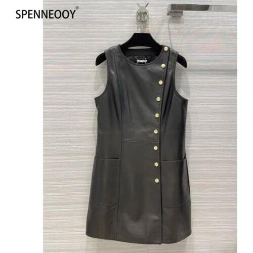 SPENNEOOY Designer Brand Autumn Vintage Black Genuine Leather Dress Women Camellia Print Lining Sheepskin Mini Dresses