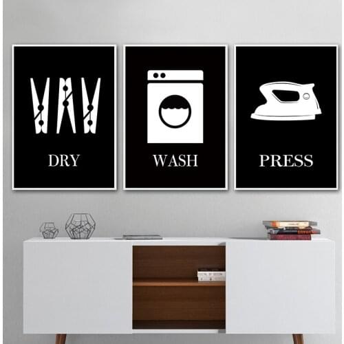 Wash Dry Press Laundry Sign Wall Decor Black White Wall Art Canvas Painting Poster Laundry Print Pictures For Bathroom