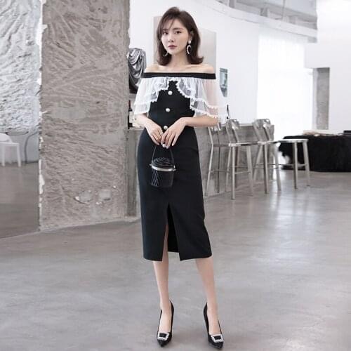 YIGELILA Woman Fashion Black Off Shoulder Dress Elegant Lace Slash Neck Butterfly Sleeves Mid-calf Straight Party Dress 65068