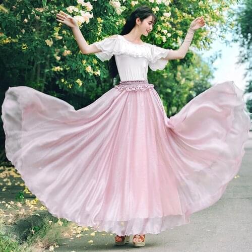 Free Shipping 2020 Boshow Bohemian Long Maxi Women Chiffon Ruffle Elastic Waist A-line S-L Bandage Bow Summer Big Hem Skirts