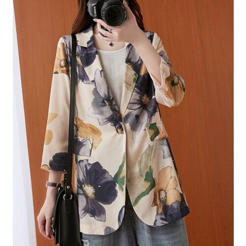 Women Autumn Casual Blazer Coats New 2021 Vintage Style Floral Print Loose Comfortable Cotton Linen Ladies Elegant Jackets B828