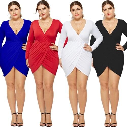 2020 Sexy Womens Deep V Neck Long Sleeve Pleated Mini Dress Elegant Party Slim Dress Solid Color Plus Size 4XL Outfit