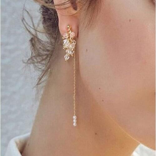 2020 New Trendy Simple Glass Beads Crystal Earrings for Women Simple Imitation Pearl Long Tassel Dangle Earrings Female Jewelry