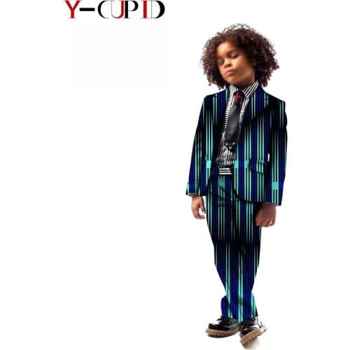 African Clothes for Kids Boys Bazin Riche Baby Boy Wedding Suit Children Ankara Print 2 Pieces Sets Blazer Outfit YS204035