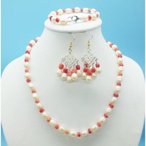 Promotion ! 8-9MM Natural Pink Pearl and Coral Necklace, Bracelet, Earrings, Classic Ladies Jewelry Set