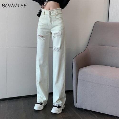 Jeans Women High Waist Basic White Ripped Summer Full Length Loose Ulzzang Femme Fashion All Match College Street Daily Chic Ins