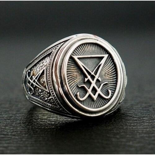 Gothic Lucifer Satan ring punk silver seal ring male and female Pagan Jewelry Gift size 7-14