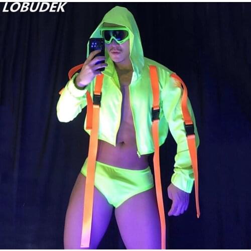 Sexy Bar Nightclub DJ Hip Hop Dance Costume Fluorescent Green Hooded Jacket Shorts 2 PCS Set Club Party Show Performance Outfits