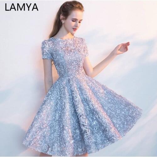 LAMYA Candy Color Appliques Prom Dresses Short Sleeve Evening Party Gowns Knee Length A Line Formal Gown Zipper Robe De Soiree