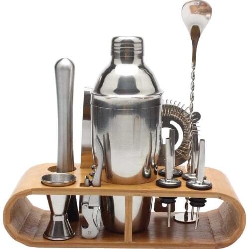 Stainless Steel Cocktail Shaker Mixer Drink Bartender Browser Kit Bars Set Tools With Wood Wine Rack Stand Bartender Set