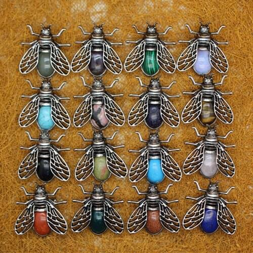Wholesale 24pcs/lot Natural Stone Lapis lazuli Green Agatess animal cicada pendant Golden Stone brooch women brooch hand made