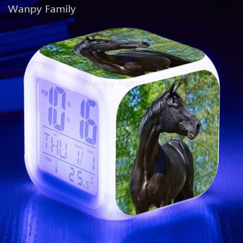 Grassland Black Horse Alarm Clock 7 Color Glowing LED Digital Clock For Kids Birthday Gift Multifunction Touch Sensing Clock