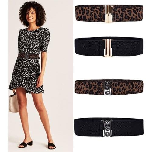 Ladies Leopard Print Elastic Stretch Wide Waist Belt Girls Double Buckle Belt for Female Cummerbands for Dress Sweater Clothing