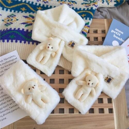 Cartoon Bears Scarf Korean Style Female Lovely Plush Animal Decorative Thicken Beige White Warm Cold Proof 13*83CM Crossed Scarf