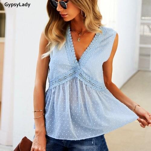 GypsyLady Blue Summer Lace Blouse Shirt Dobby Deep V Sexy Blouse Tops Sleeveless Sheer Casual Chic Women Ladies Female Top Shirt