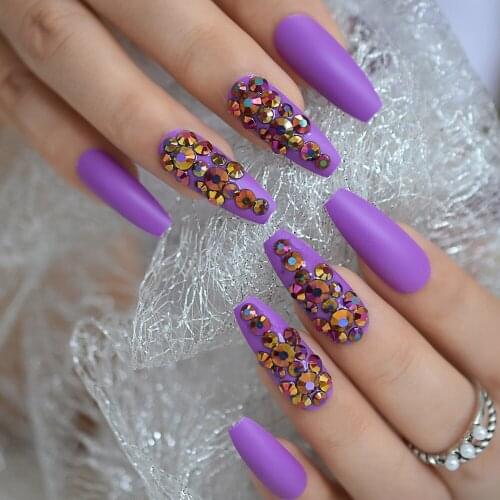 Rhinestone Sparkling Fake Coffin Nail Long Matte Purple Gorgeous Women Ballerina Nails Designed Adult Artificial Fake Nails