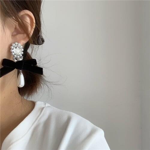 TIMEONLY Korean Fashion Black Color Velvet Bowknot Dangle Earrings Imitation Pearl Shiny Rhinestone Earrings for Women Jewelry