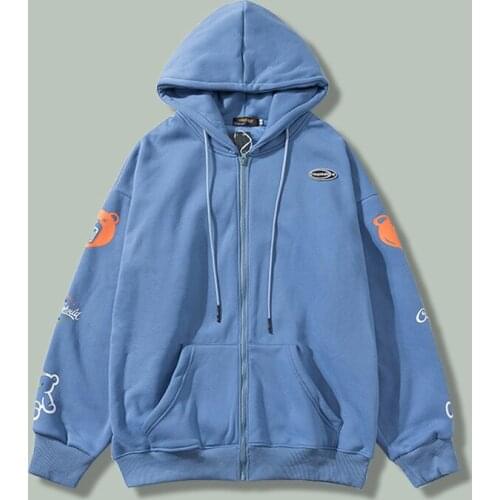 Hip Hop Little Bear Print Zipper Hoodie Sweatshirt Men Harajuku Streetwear Cardigan Hooded Pullover Winter Couple Thicken Hoodyd