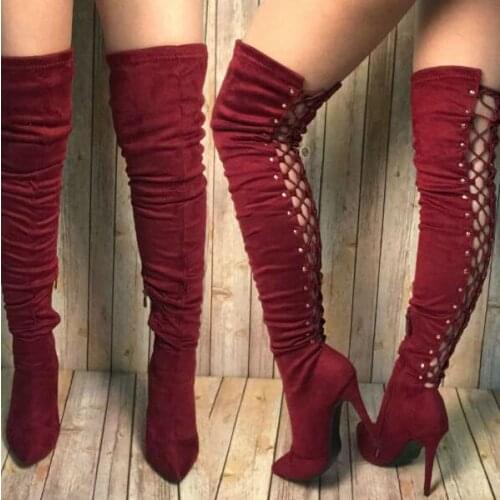 Wine Thigh High Pointy Toe Boots Sexy Pointed Toe Lace-up Over The Knee Boots Women Fall Winter Banquet Dress Shoes Plus Size 10