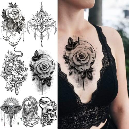 Rose Flower Temporary Tattoos For Women Girls Henna Snake Elephant Character Face Skull Fake Tattoo Sticker Chest Leg Tatoos 3D