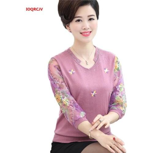 Women Sweaters And Pullovers 2019 Spring Autumn Chiffon Sleeve Middle Aged Women Sweater High Quality Mother Knitting Tops W1087