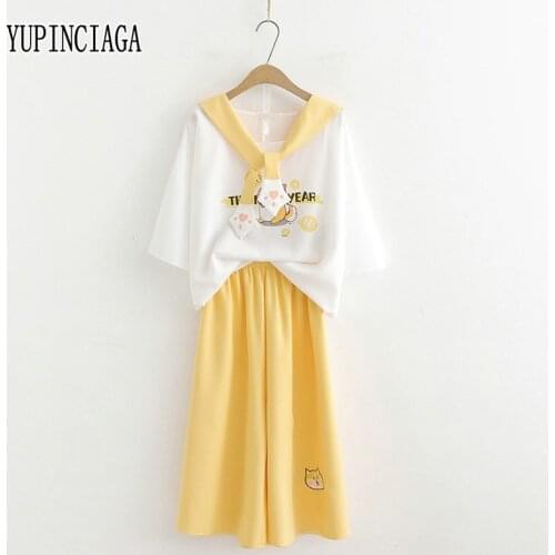 YUPINCIAGA Harajuku Style Women Sailor Collar Printed 2 piece set women T-shirt + Casual Wide-leg Pants Cropped Pants Clothing