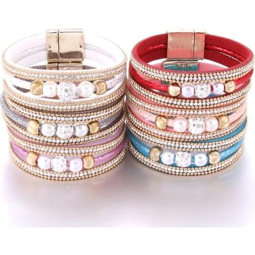 2019 Hot Sale 1pc Fashion Women Multilayer Bangle Bracelet Crystal Beaded Leather Magnetic Bracelet Bangles for Women Jewelry