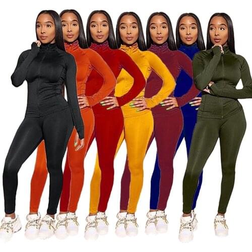 Solid Color Women Two Piece Outfits Long Sleeve Turtleneck Zip-up Top And Elastic Waist Pants Ladies Spring Sports Clothing