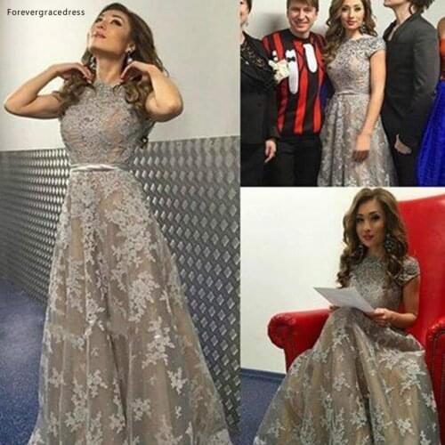 New Arrival A Line Long Celebrity Dress Modest Jewel Neck Short Sleeve Lace Formal Party Gown Custom Made Plus Size