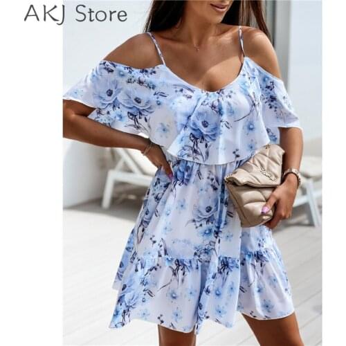 Women Cold Shoulder Spaghetti Strap Floral Print Short Sleeve Backless A-Line Dress