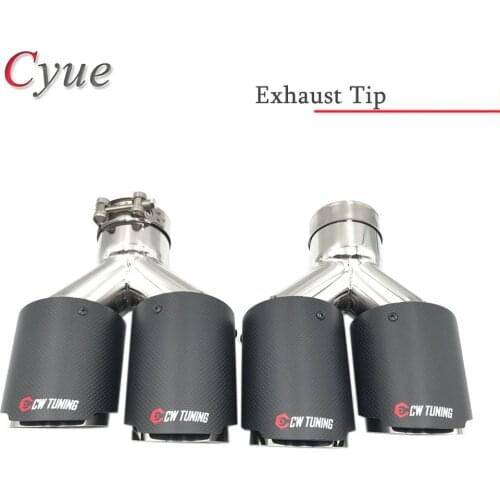 2PCS Dual Matt Carbon Fiber + Stainless Steel Universal Car Exhaust Tip Double End Pipe For BM-W Volvo Honda Jaguar