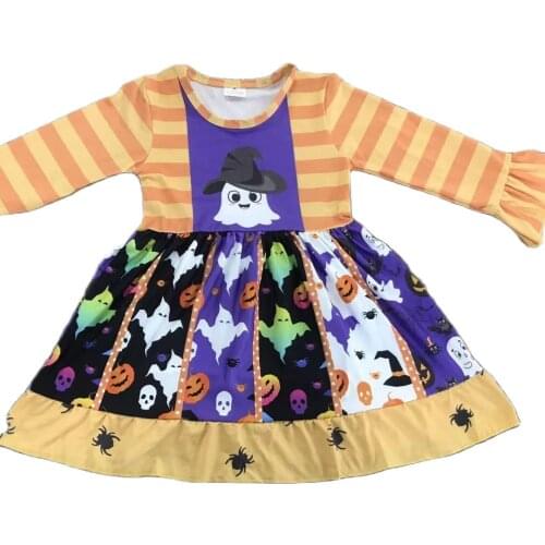2021 Wholesale Little Girl Outfit Halloween Imp Print Long Sleeves Cartoon Pattern Twirl Dress