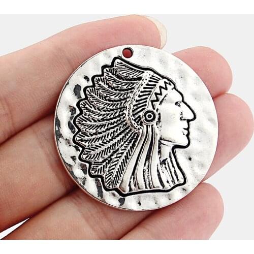 3PCS Large Vintage Round Shape Carved Indian Tribal Chief Head Charms Pendants for DIY Necklace Findings Jewelry