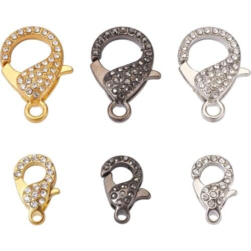 6pcs/box Alloy Lobster Claw Clasps Cord End with Rhinestone 3 Colors Jewelry Connector Metal Snap Hooks for Necklace Bracelet