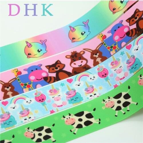 DHK 1.5'' 5yards animal cow narwhal unicorn printed grosgrain Ribbon Accessory hairbow headwear decoration Wholesale OEM E1525