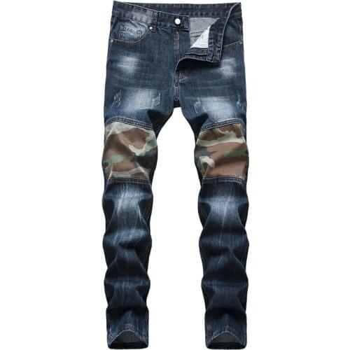 European American Mens Jeans Personality Worn Out Camouflage Splicing Fashion Pants Casual Hip-hop Locomotive Trousers