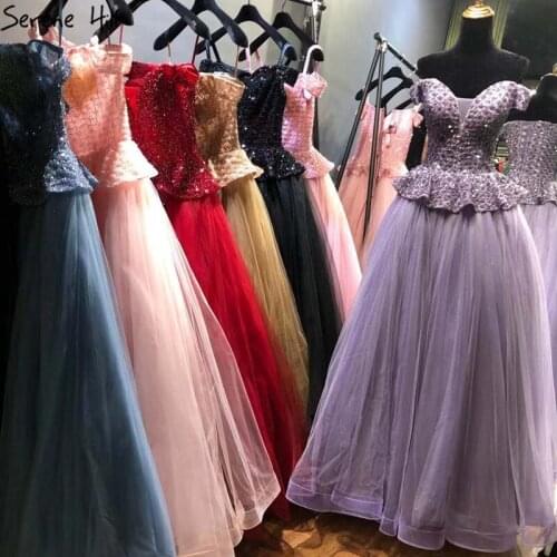 Purple A-Line Off Shoulder Tulle Evening Dresses 2020 Sleeveless Beading Lace Up Formal Dress Design Serene Hill LA70489