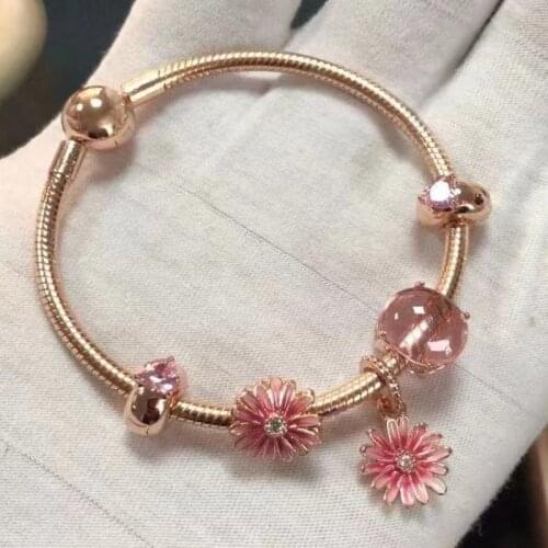 Hot Sale New 925 Sterling Silver Rose Gold Daisy With Classic Round Button Bracelet Fit Womens Party Gift Wedding Diy Jewelry