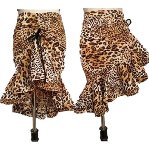 Leopard Print Women Classic Latin Dance Costumes Asymmetrical Ruffle Mermaid Skirt Lady Salsa Chacha Tango Rumba Dress