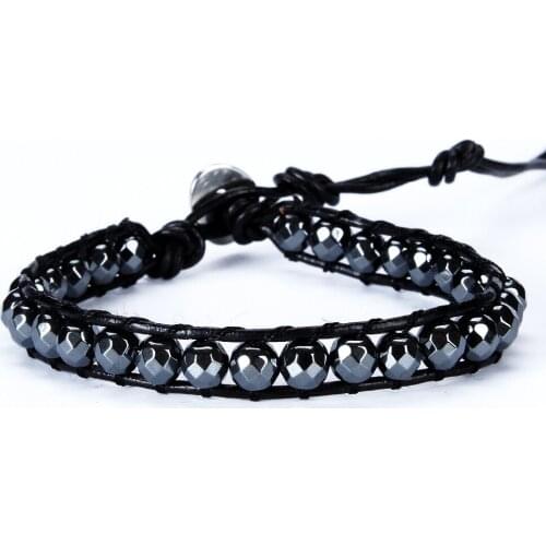 2018 Hot sell handmade leather Bracelet with 6MM Faceted Hematite 1 Strand Stone Beaded Bracelets for women Female Jewelry Gift