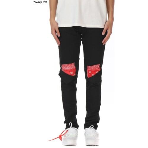 Knee Patchwork For Men Hip Hop Skinny Biker Taped Knee Patchwork For Men Hip Hop Skinny Biker Taped Dark Icon Bandana Jeans