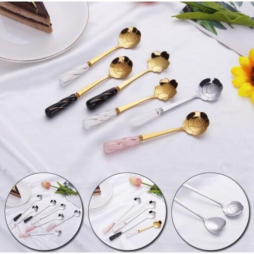 Flower Spoon Stainless Steel Stirring Spoon Long Handle Ceramic Spoon Golden Tableware Kitchen Accessories Coffee Spoon Teaspoon