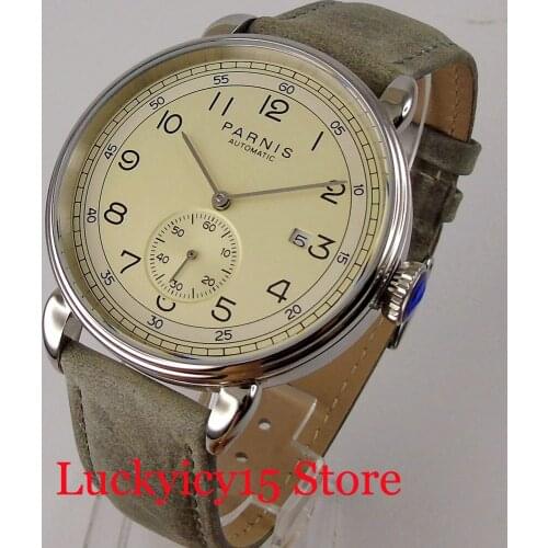 PARNIS 42mm Dress Automatic Men Watch Date Display Polished Case ST Moveent Leather Band Seeing Glass Backcover