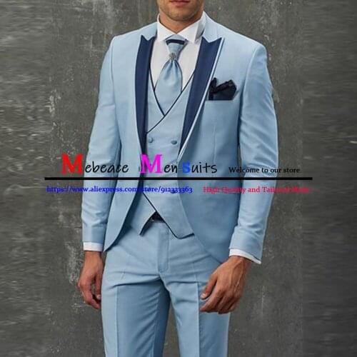 Mens Suits Fashion Light Blue 3 Piece Set Slim Fit Wedding Groom Tuxedo Formal Business Blazer Costume Homme (Jacket+Vest+Pants)
