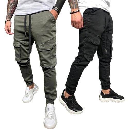 2021 New Men Fashion Casual Pants Cotton Splicing Multi Pocket Harem Joggers Male Trousers Solid Cargo Pants Men