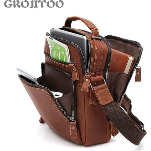 GROJITOO New leather mens bag shoulder bag top layer leather multi-functional crossbar bag crazy horse skin mens bag