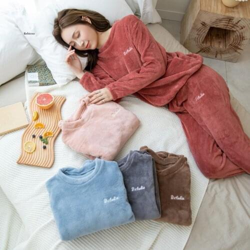 Solid Color Coral Fleece Pajama Set Korean Flannel Warm Pajamas for Women Long Sleeve Home Suit Ladies Thick Sleepwear
