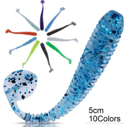 Sougayilang 5/10Pcs/lot Fishing Soft Bait 50mm T Tail Fish Fishing Lures Rainbow Color Sequin Swing Winter Fishing Spinner Bait